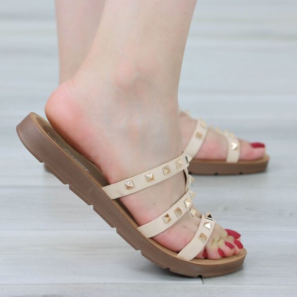 Nude Metal Stud Trendy Comfy Flat Gladiator Sandal Slip On Sliders - Picture 11 of 13